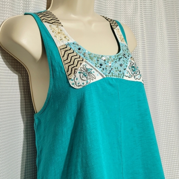 Style & co.  Beads, Sequins & Embroidered Turquoise Cotton Top (L) - Picture 2 of 9